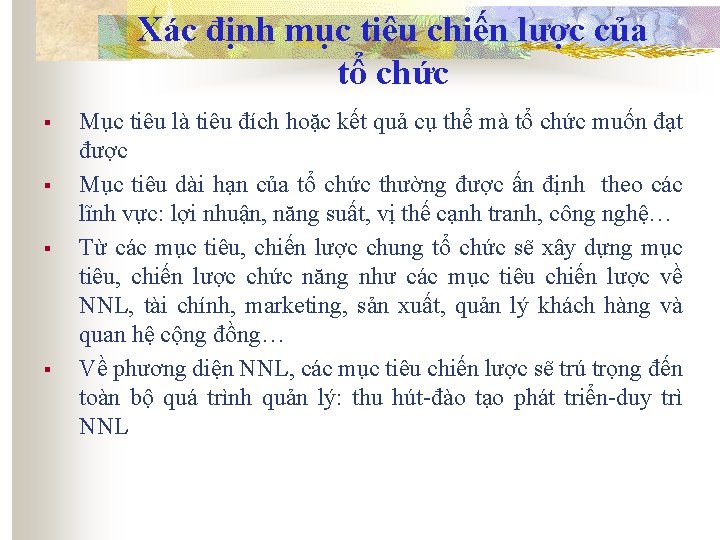 Xác định mục tiêu chiến lược của tổ chức § § Mục tiêu là