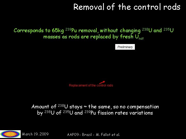 Removal of the control rods Corresponds to 65 kg 239 Pu removal, without changing