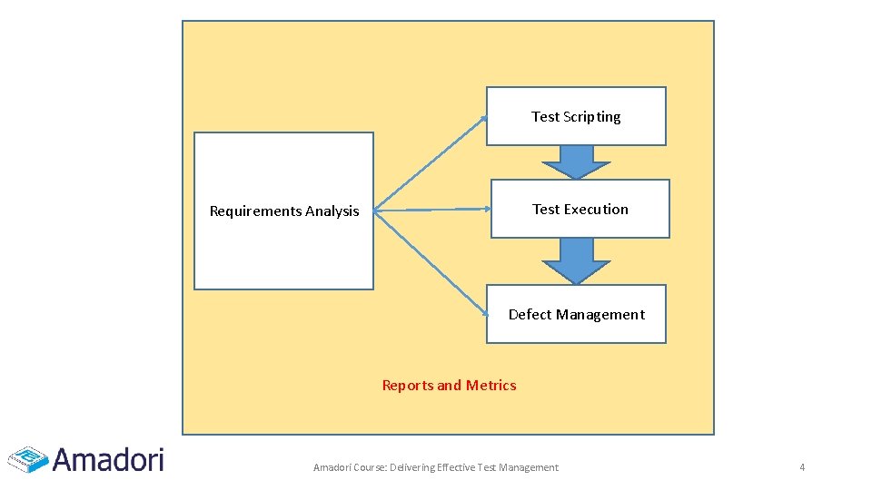 Test Scripting Test Execution Requirements Analysis Defect Management Reports and Metrics Amadori Course: Delivering