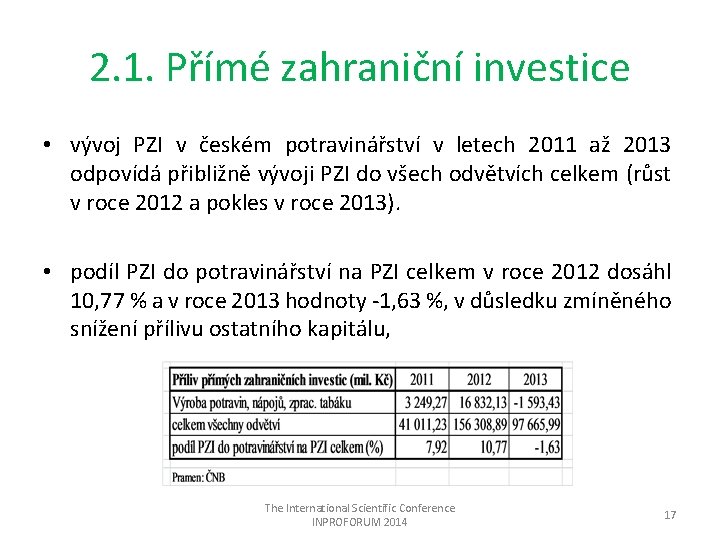 2. 1. Přímé zahraniční investice • vývoj PZI v českém potravinářství v letech 2011