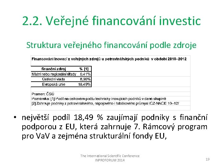 2. 2. Veřejné financování investic Struktura veřejného financování podle zdroje • největší podíl 18,