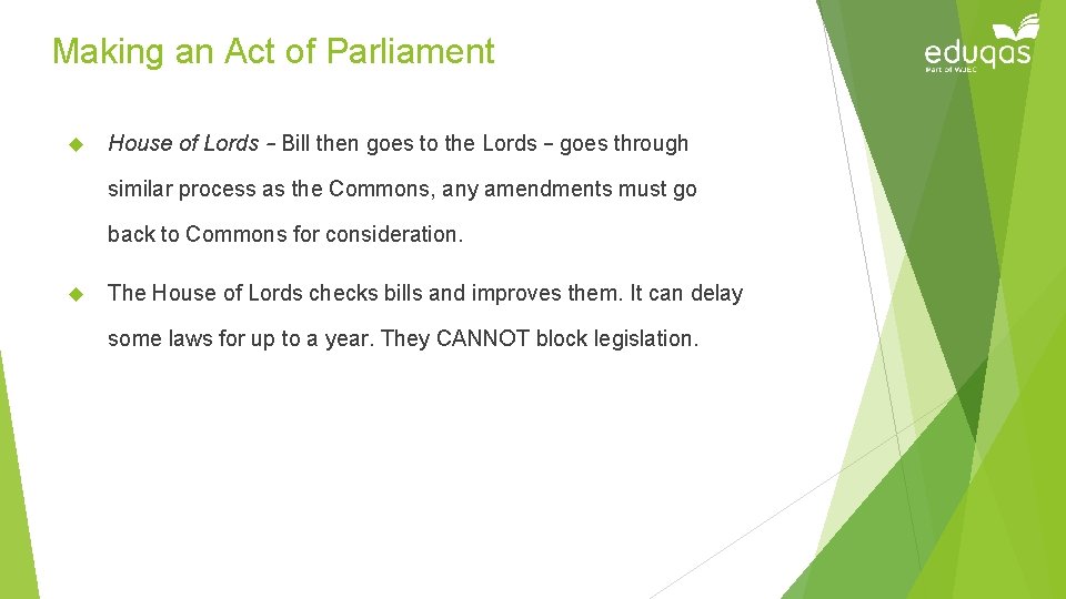 Making an Act of Parliament House of Lords – Bill then goes to the