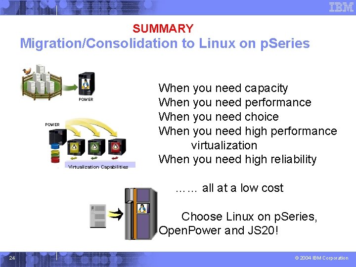 SUMMARY Migration/Consolidation to Linux on p. Series POWER Virtualization Capabilities When you need capacity