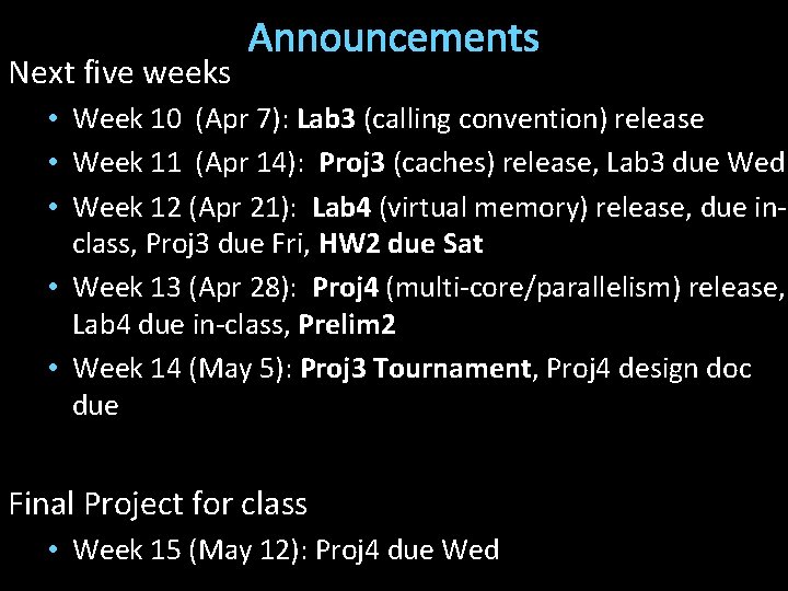 Next five weeks Announcements • Week 10 (Apr 7): Lab 3 (calling convention) release