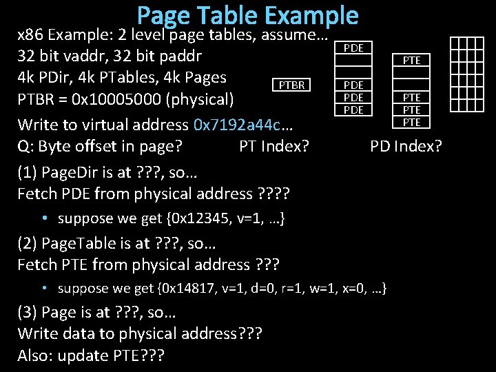 Page Table Example x 86 Example: 2 level page tables, assume… 32 bit vaddr,