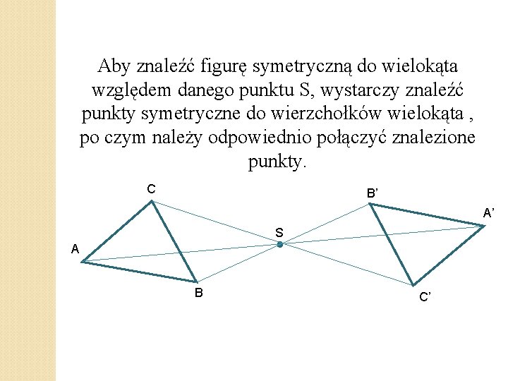 Aby znaleźć figurę symetryczną do wielokąta względem danego punktu S, wystarczy znaleźć punkty symetryczne