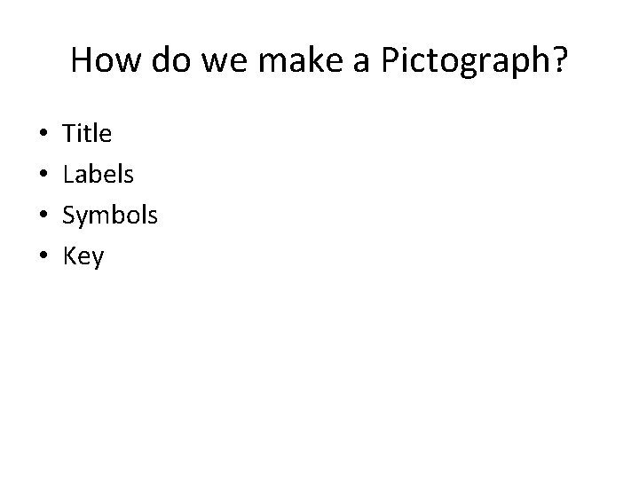How do we make a Pictograph? • • Title Labels Symbols Key 