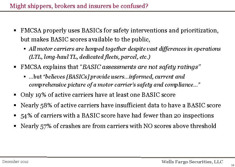 Might shippers, brokers and insurers be confused? § FMCSA properly uses BASICs for safety