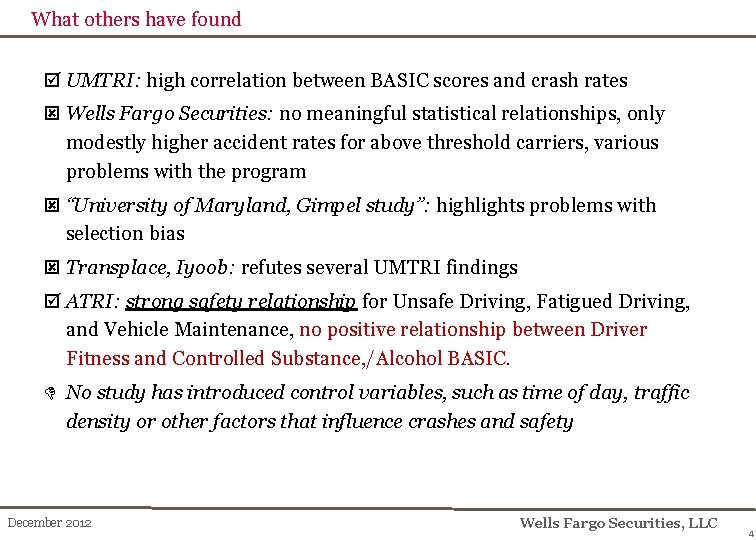What others have found UMTRI: high correlation between BASIC scores and crash rates Wells