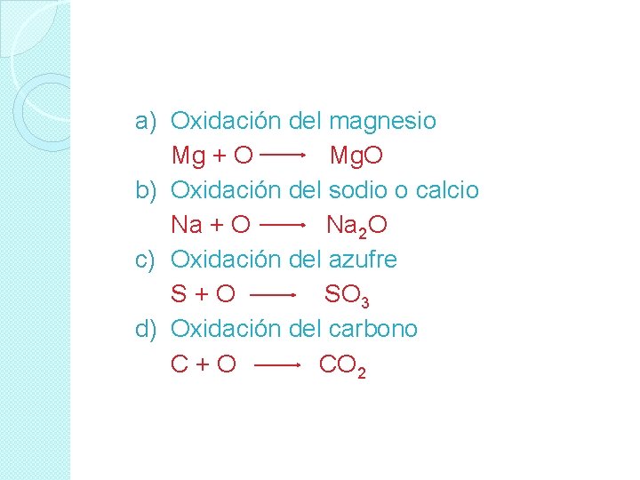 a) Oxidación del magnesio Mg + O Mg. O b) Oxidación del sodio o