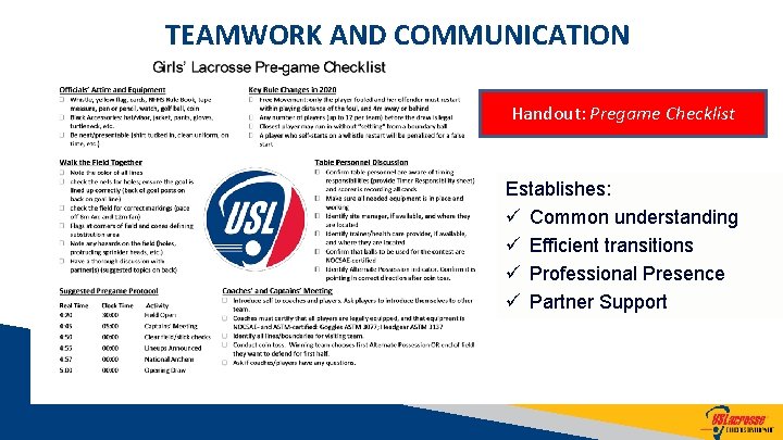 TEAMWORK AND COMMUNICATION Handout: Pregame Checklist Establishes: ü Common understanding ü Efficient transitions ü