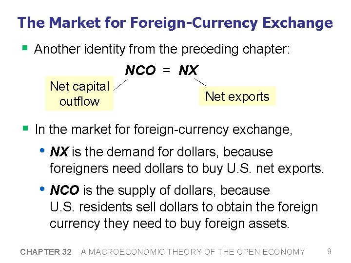 The Market for Foreign-Currency Exchange § Another identity from the preceding chapter: NCO =