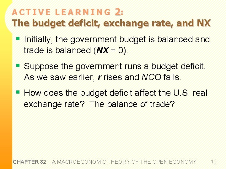2: The budget deficit, exchange rate, and NX ACTIVE LEARNING § Initially, the government