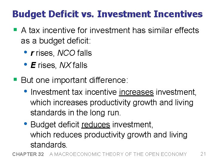 Budget Deficit vs. Investment Incentives § A tax incentive for investment has similar effects