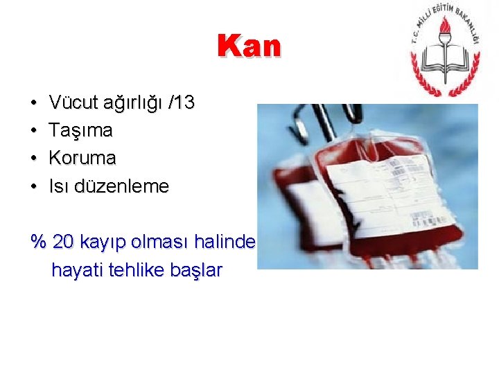 Kan • • Vücut ağırlığı /13 Taşıma Koruma Isı düzenleme % 20 kayıp olması