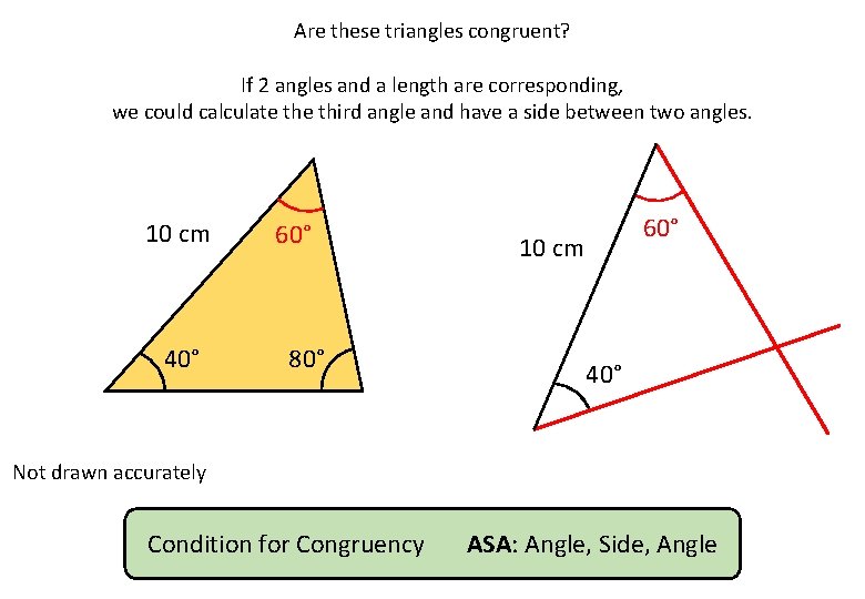 Are these triangles congruent? If 2 angles and a length are corresponding, we could