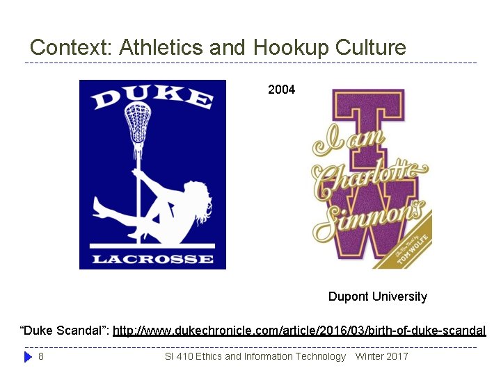 Context: Athletics and Hookup Culture 2004 Dupont University “Duke Scandal”: http: //www. dukechronicle. com/article/2016/03/birth-of-duke-scandal