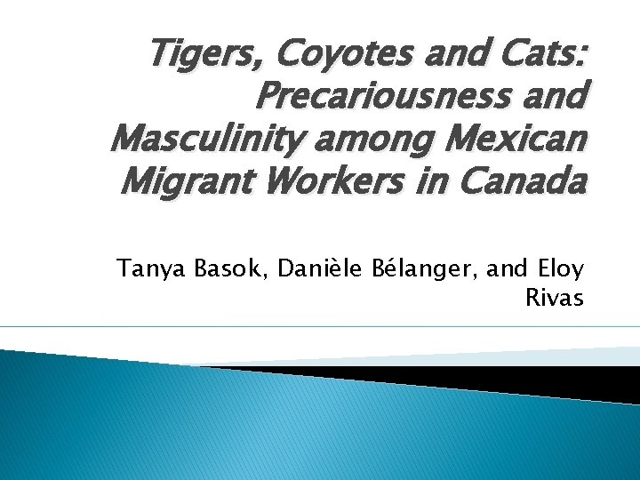 Tigers, Coyotes and Cats: Precariousness and Masculinity among Mexican Migrant Workers in Canada Tanya