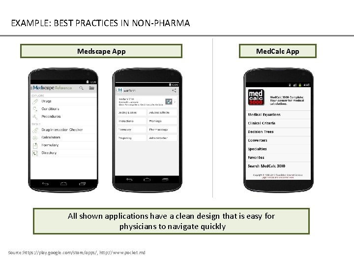 EXAMPLE: BEST PRACTICES IN NON-PHARMA Medscape App Med. Calc App All shown applications have