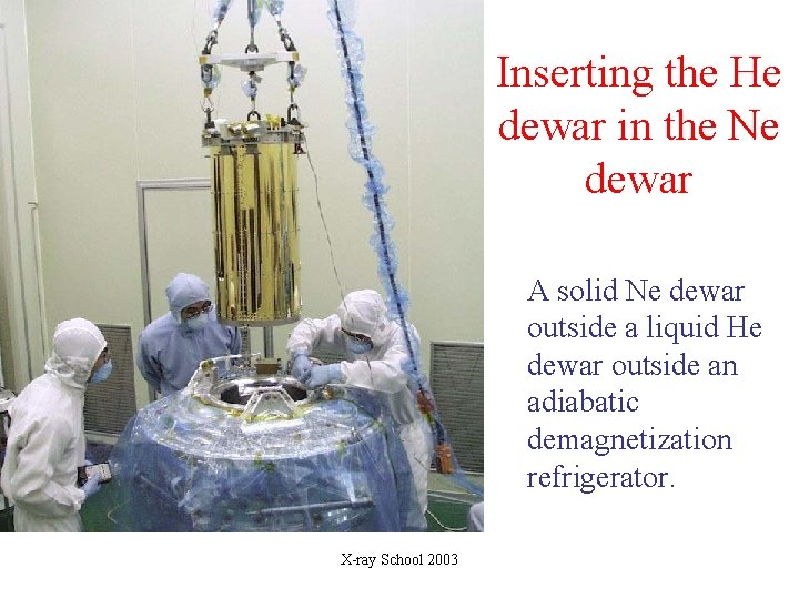 Inserting the He dewar in the Ne dewar A solid Ne dewar outside a