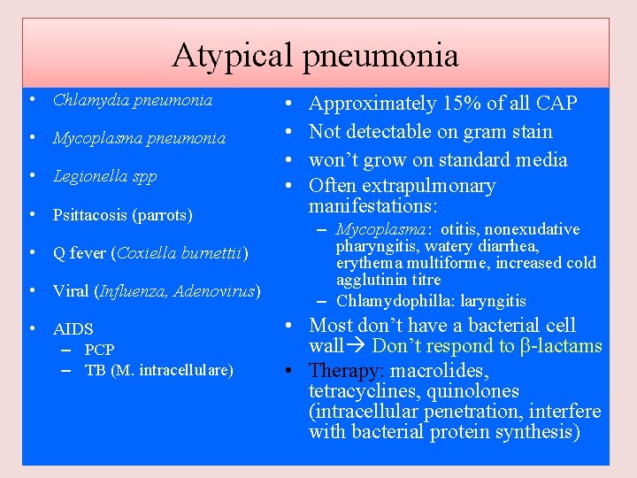 Atypical pneumonia • Chlamydia pneumonia • Mycoplasma pneumonia • Legionella spp • Psittacosis (parrots)