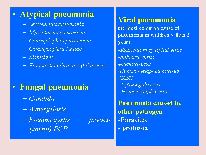  • Atypical pneumonia – – – Legionnaies pneumonia Mycoplasma pneumonia Chlamydophila Psittaci Rickettsias