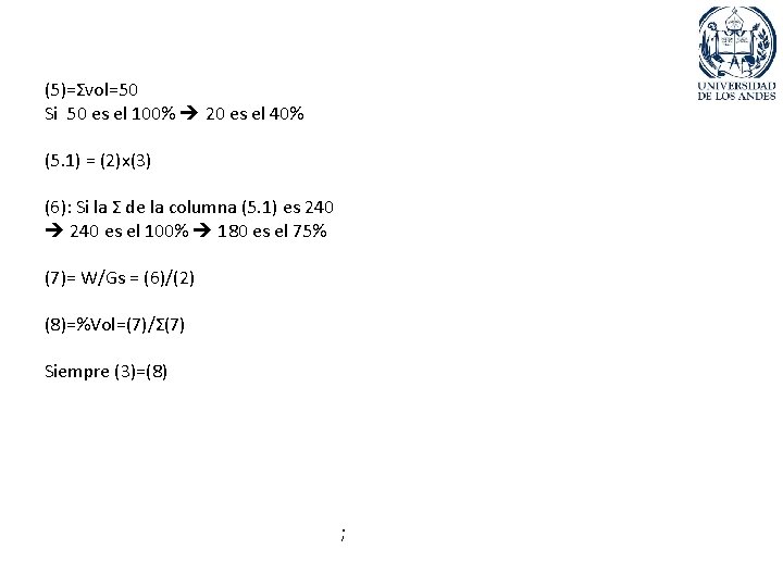 (5)=Σvol=50 Si 50 es el 100% 20 es el 40% (5. 1) = (2)x(3)