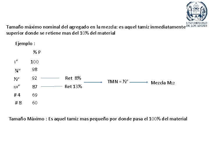 Tamaño máximo nominal del agregado en la mezcla: es aquel tamiz inmediatamente superior donde