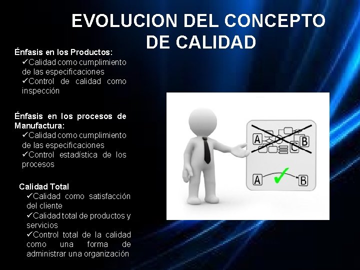 EVOLUCION DEL CONCEPTO DE CALIDAD Énfasis en los Productos: üCalidad como cumplimiento de las EVOLUCION DEL CONCEPTO DE CALIDAD Énfasis en los Productos: üCalidad como cumplimiento de las