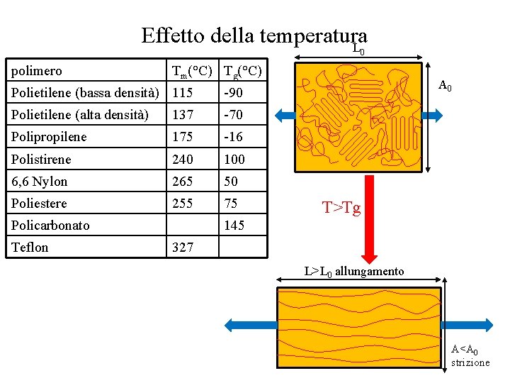 Effetto della temperatura L 0 polimero Tm(°C) Tg(°C) Polietilene (bassa densità) 115 -90 Polietilene