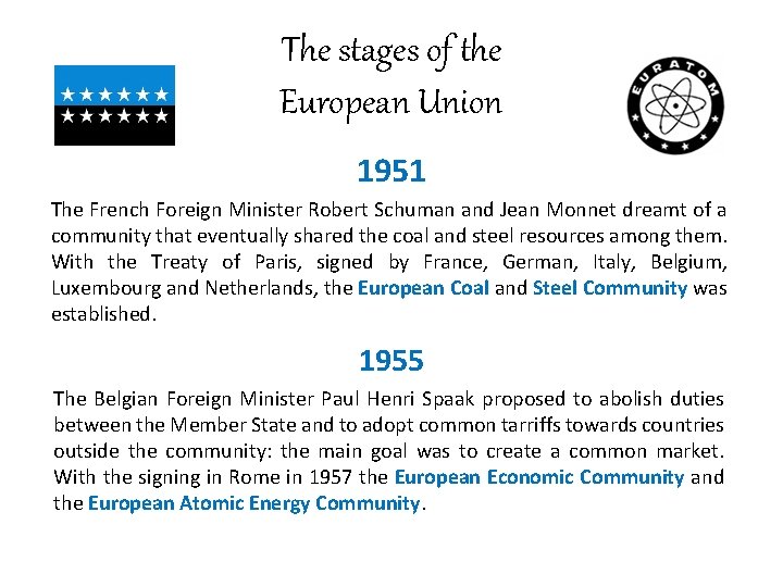 The stages of the European Union 1951 The French Foreign Minister Robert Schuman and