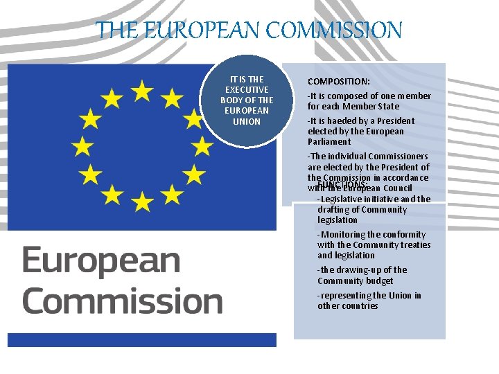 THE EUROPEAN COMMISSION IT IS THE EXECUTIVE BODY OF THE EUROPEAN UNION COMPOSITION: -It