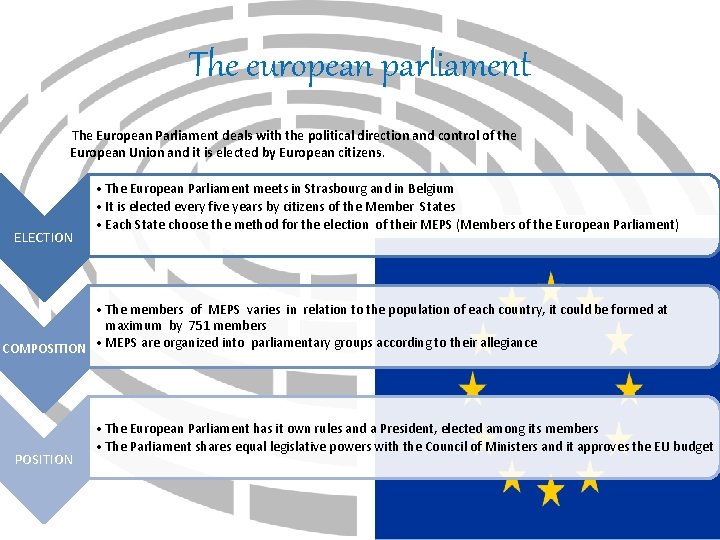 The european parliament The European Parliament deals with the political direction and control of