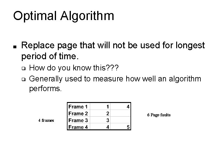 Optimal Algorithm ■ Replace page that will not be used for longest period of Optimal Algorithm ■ Replace page that will not be used for longest period of