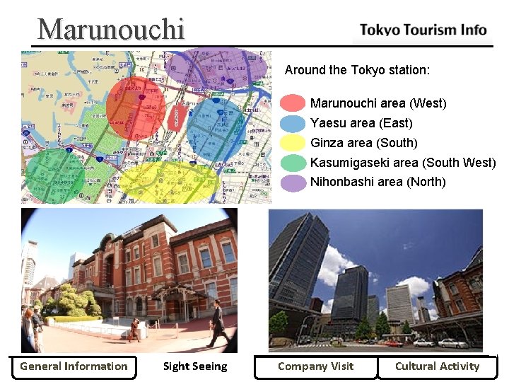 Marunouchi Around the Tokyo station: Marunouchi area (West) Yaesu area (East) Ginza area (South)