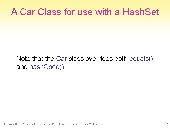 A Car Class for use with a Hash. Set Note that the Car class