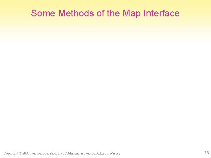 Some Methods of the Map Interface Copyright © 2007 Pearson Education, Inc. Publishing as