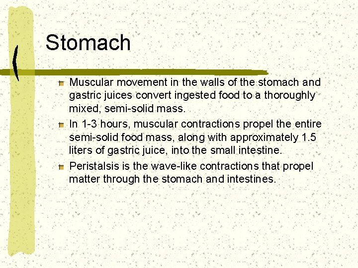 Stomach Muscular movement in the walls of the stomach and gastric juices convert ingested