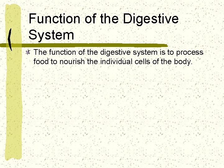 Function of the Digestive System The function of the digestive system is to process