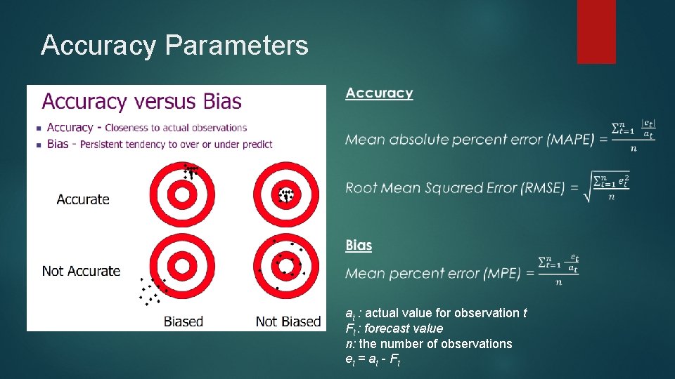 Accuracy Parameters at : actual value for observation t Ft : forecast value n: Accuracy Parameters at : actual value for observation t Ft : forecast value n: