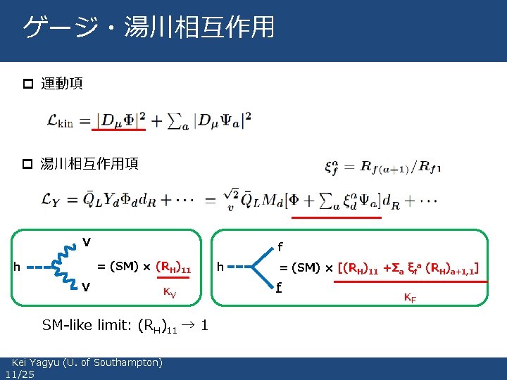 ゲージ・湯川相互作用 p 運動項 p 湯川相互作用項 V f = (SM) × (RH)11 h V κV