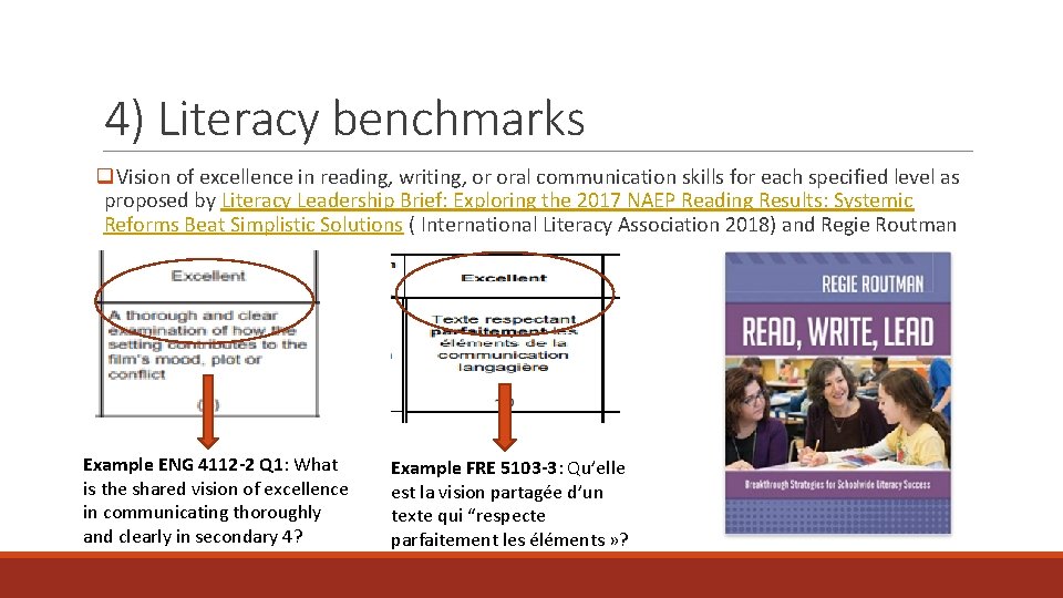 4) Literacy benchmarks q. Vision of excellence in reading, writing, or oral communication skills