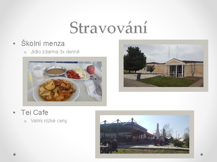 Stravování • Školní menza o Jídlo zdarma 3 x denně • Tei Cafe o