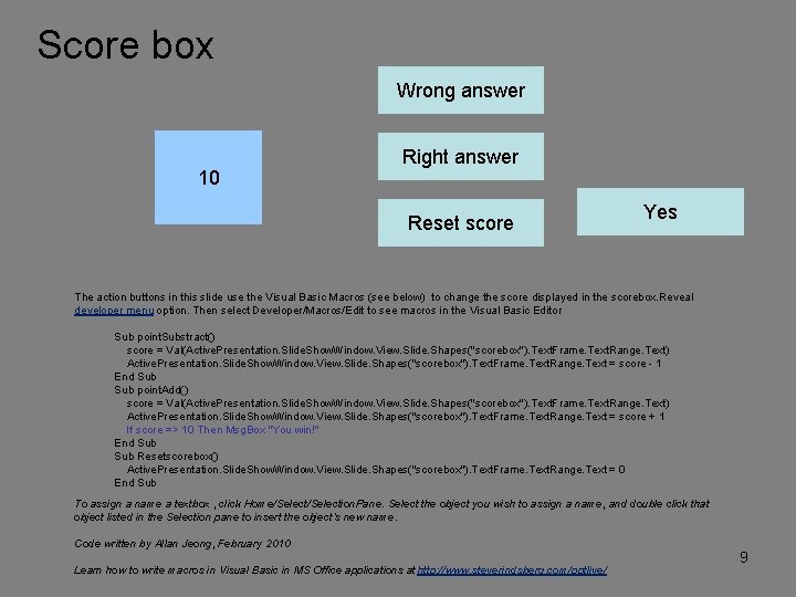Score box Wrong answer 10 Right answer Reset score Yes The action buttons in