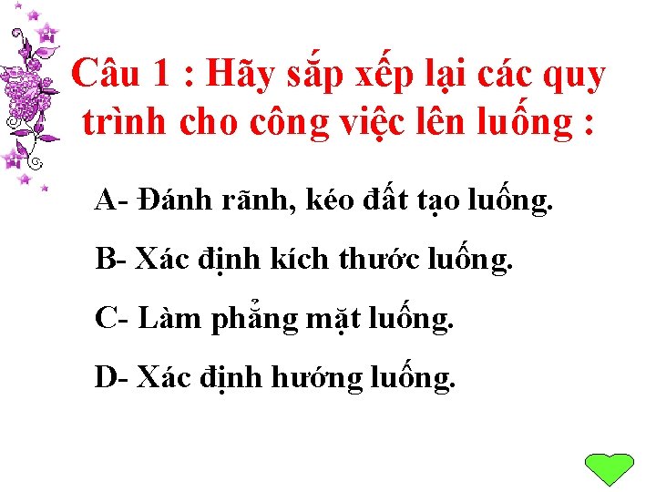 Câu 1 : Hãy sắp xếp lại các quy trình cho công việc lên