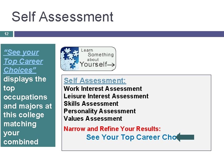 Self Assessment 12 “See your Top Career Choices” displays the top occupations and majors