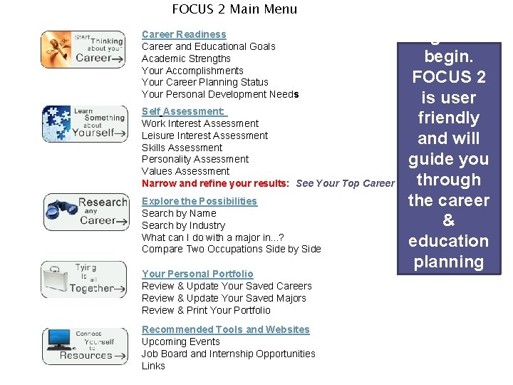 FOCUS 2 Main Menu 8 Login and begin. FOCUS 2 is user Self Assessment: