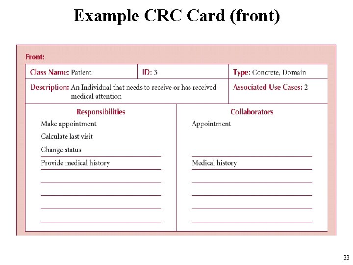 Example CRC Card (front) 33 