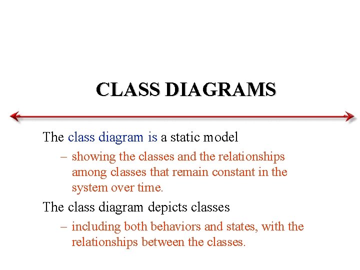 CLASS DIAGRAMS The class diagram is a static model – showing the classes and