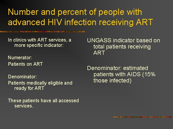 Number and percent of people with advanced HIV infection receiving ART In clinics with